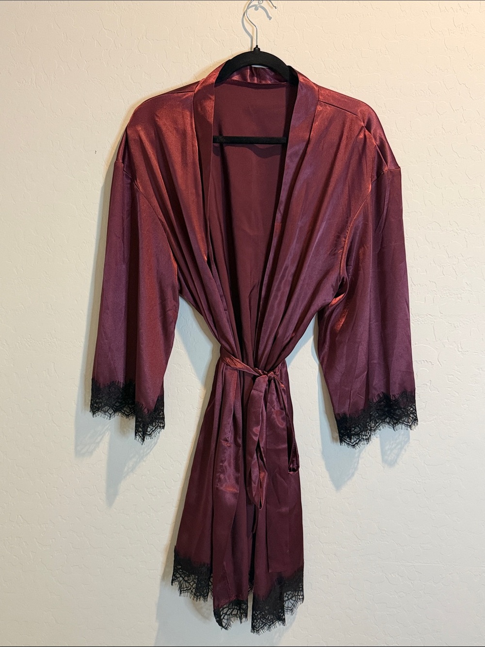 Satin Lace-Trim Robe in Wine
